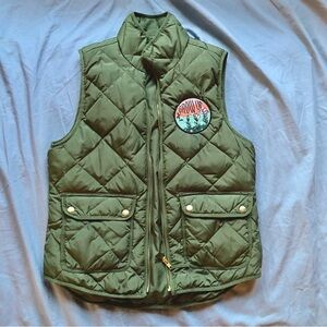 Woolrich Olive Green Down Quilted Vest w/ Added "Grow Up" Flower Patch Size S